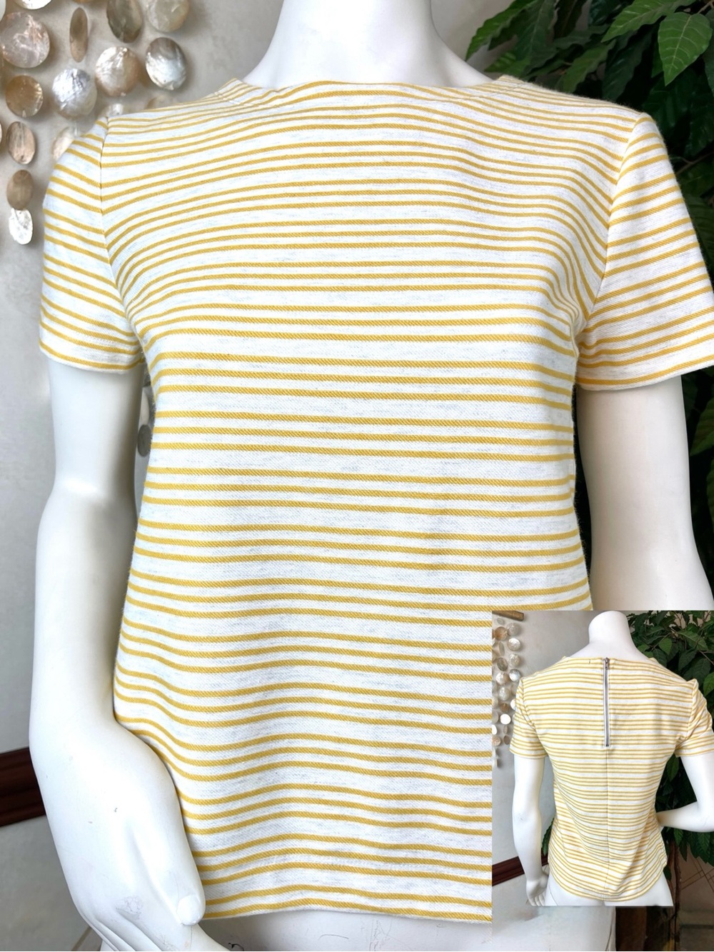 BANANA REPUBLIC YELLOW STRIPED ZIP BACK SHORT SLEEVE TOP